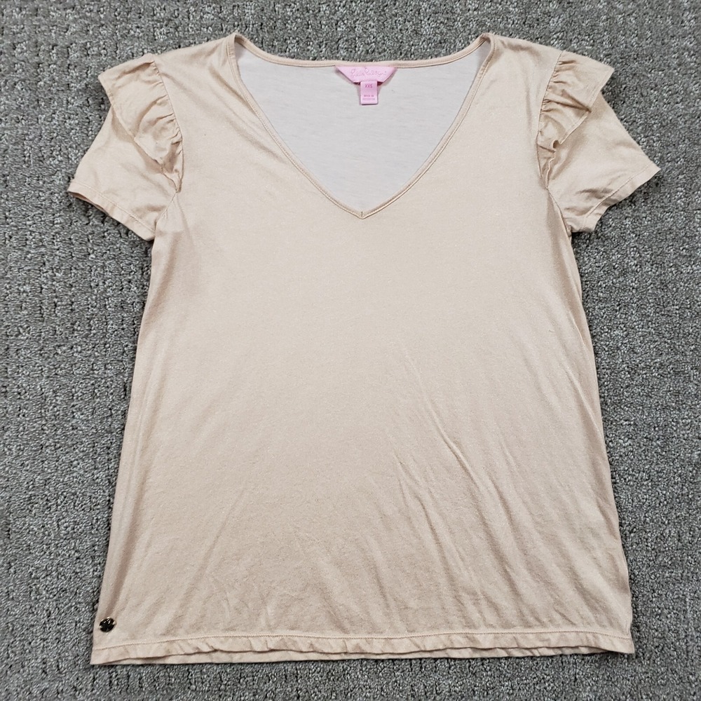 Lilly Pulitzer Top Womens 2XS Gold Shimmer Flutter Sleeve V-Neck Fairy
